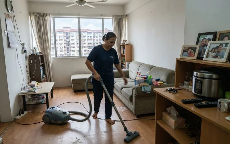 A cleaner tidying a modest apartment living room as part of a budget-friendly recurring cleaning visit