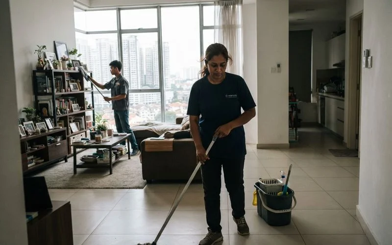 Two professional cleaners wiping down kitchen counters and mopping floors in a bright Petaling Jaya apartment