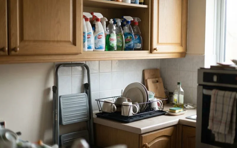 A cleaning caddy with labelled bottles stored on a high shelf, out of reach of a toddler