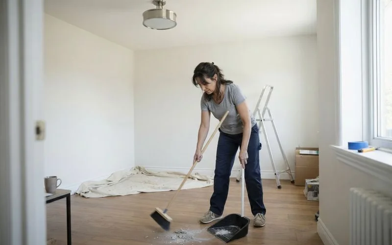A cleaner clearing leftover packaging debris and fine construction dust from the floor of a newly renovated living room