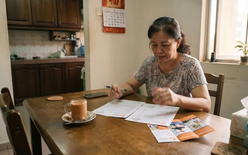 A homeowner reviewing a printed cleaning service quote at a kitchen table with a laptop open