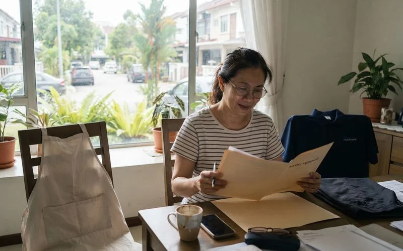 A family reviewing household help options at a dining table with a laptop showing a comparison