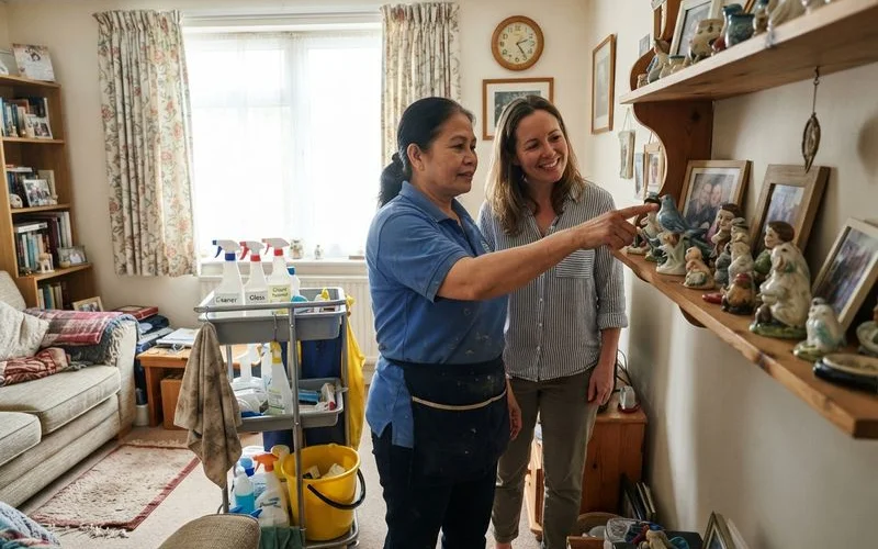 A homeowner and a cleaning company representative calmly discussing the condition of a fragile household item during a scheduled home visit