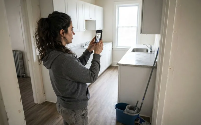 A tenant carefully taking photos on a phone of a clean, empty apartment before handing back the keys to a landlord