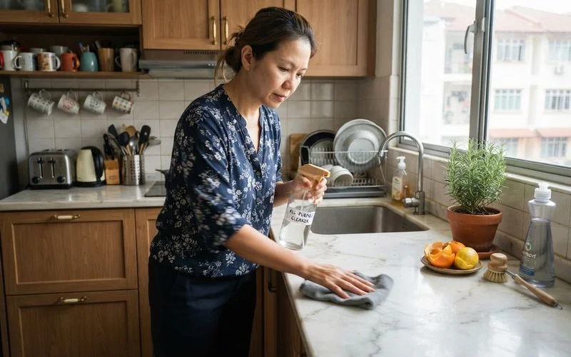 A cleaner wiping down a kitchen counter using plant-based, eco-friendly cleaning products in a bright Petaling Jaya home