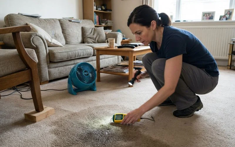 A professional technician crouching to inspect the damp edge of a carpet for early signs of mould after water damage