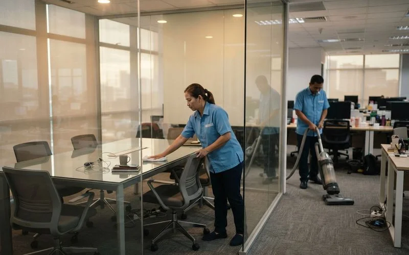 An office cleaning crew vacuuming a carpeted meeting room after business hours in a Petaling Jaya commercial building