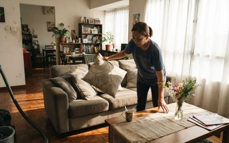 A living room being thoroughly cleaned and tidied to prepare a Petaling Jaya property for an upcoming buyer or tenant viewing