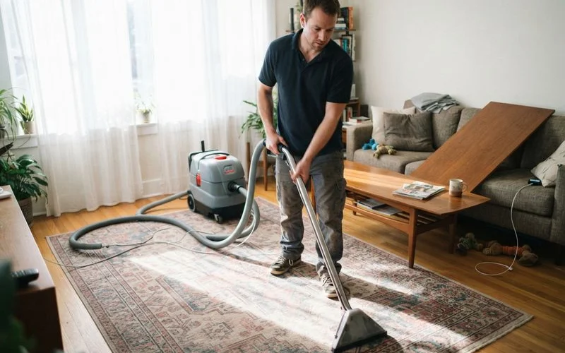 A carpet cleaning technician using professional hot water extraction equipment to deep clean a living room rug in a Petaling Jaya home