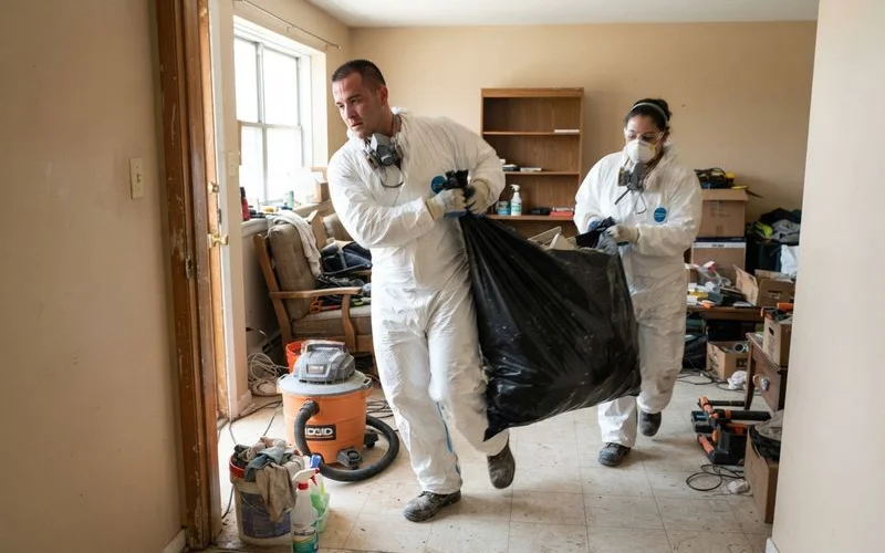 A specialist cleaning crew wearing full protective equipment while carefully sorting belongings during a hoarding cleanup job